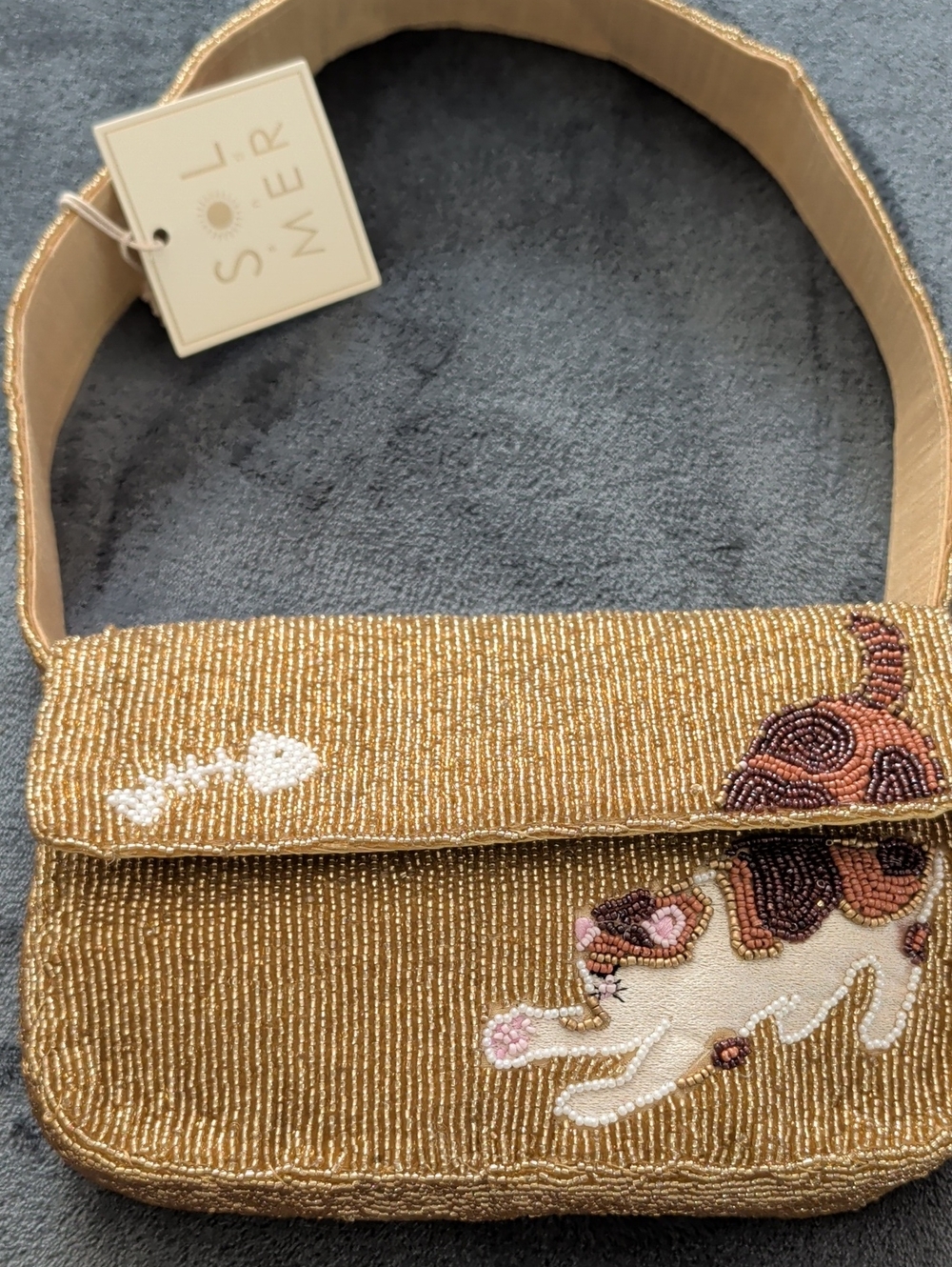 Beaded Gold Cat Motif Shoulder Bag